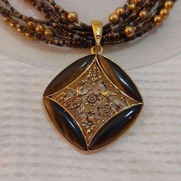 π΅Joan Rivers Gorgeous Bead Necklace Tiger's Eye Birds Flower Filigree Pendant - Picture 2 of 7